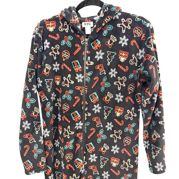 NYC Underground Ugly Christmas Pajamas One Piece Hooded Fleece L XL Worn Once - Picture 4 of 5